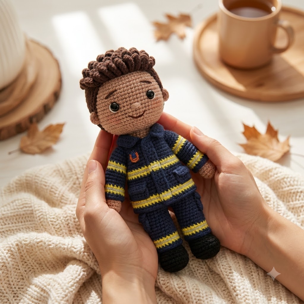 Custom Crochet Firefighter Doll From Photo – Personalized Firefighter Gift