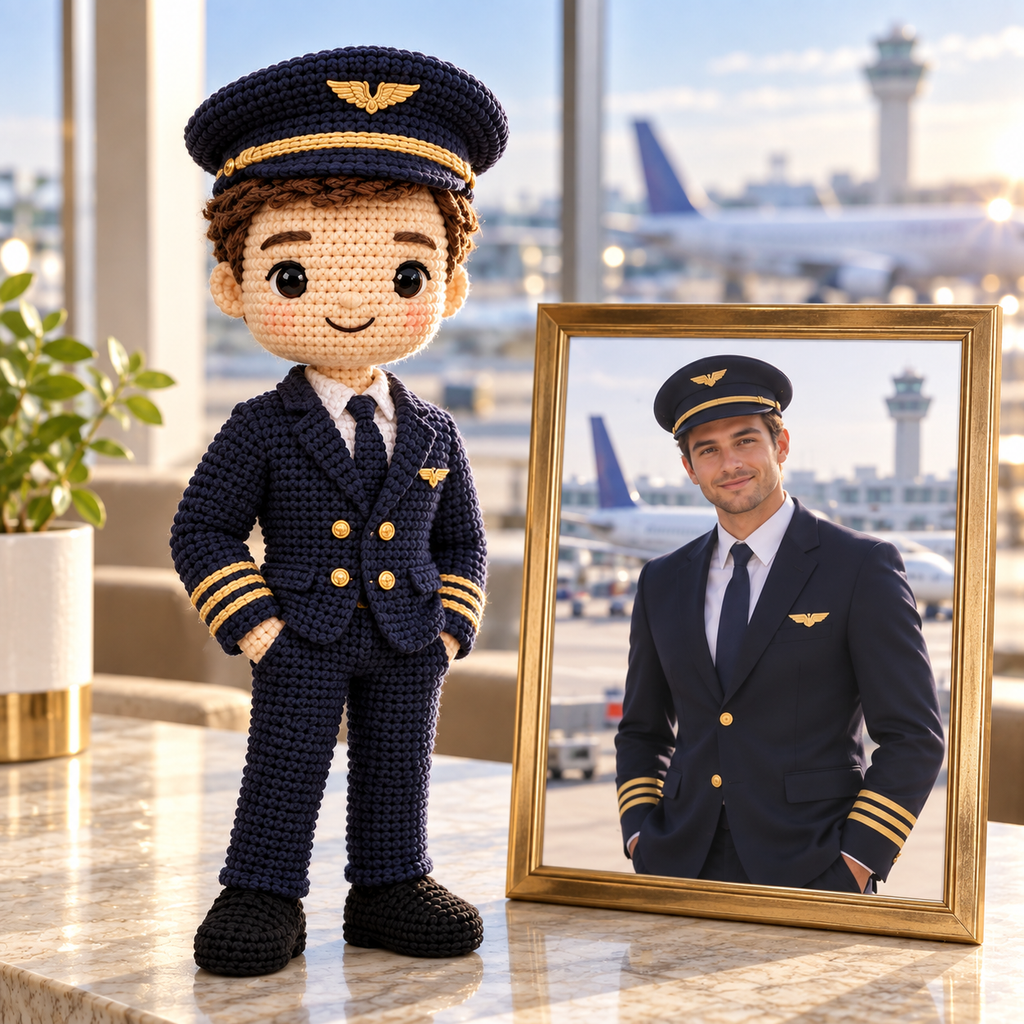 Personalized Pilot Crochet Doll From Photo | Custom Aviation Keepsake Gift