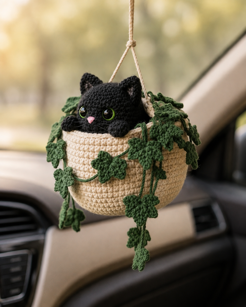 Handmade Crochet Cat Hanging Pot, Cute Halloween Gift & Car Hanging Decoration