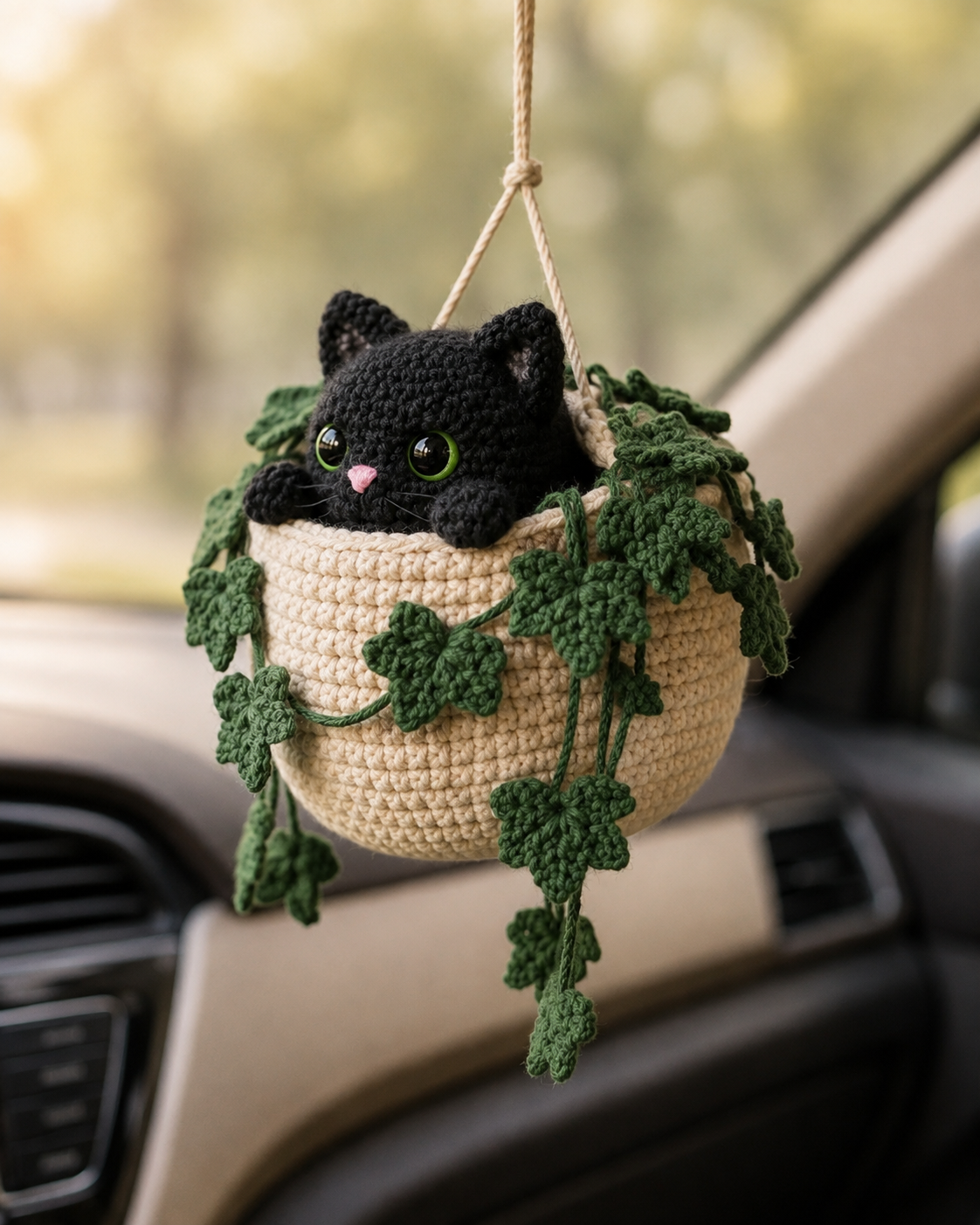 Handmade Crochet Cat Hanging Pot, Cute Halloween Gift & Car Hanging Decoration