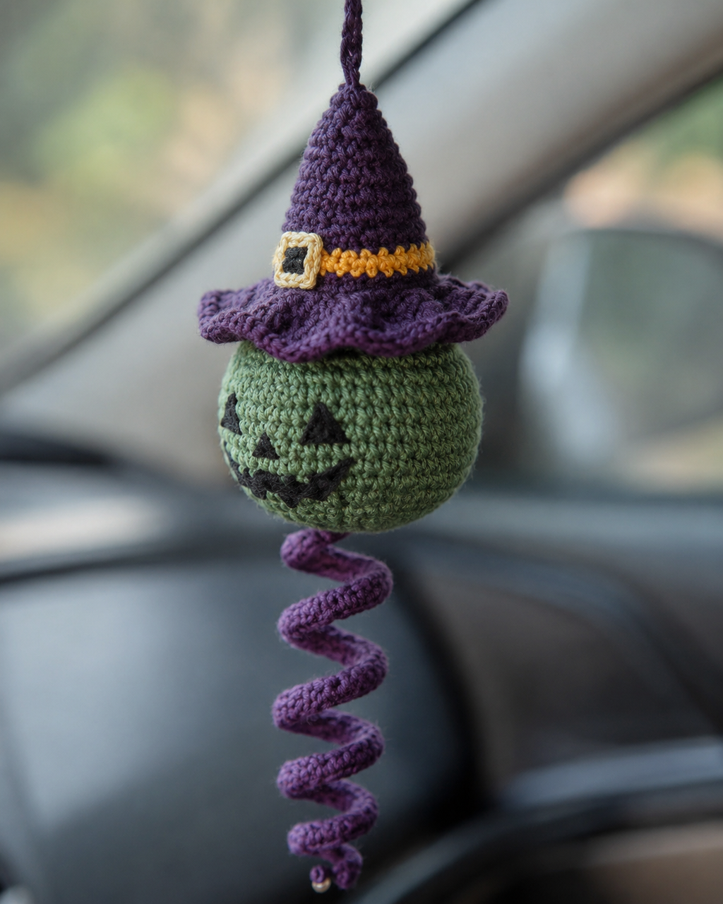 Handmade Crochet Halloween Spinning Charm, Witch Hat Pumpkin Car Hanging Decor and Gift