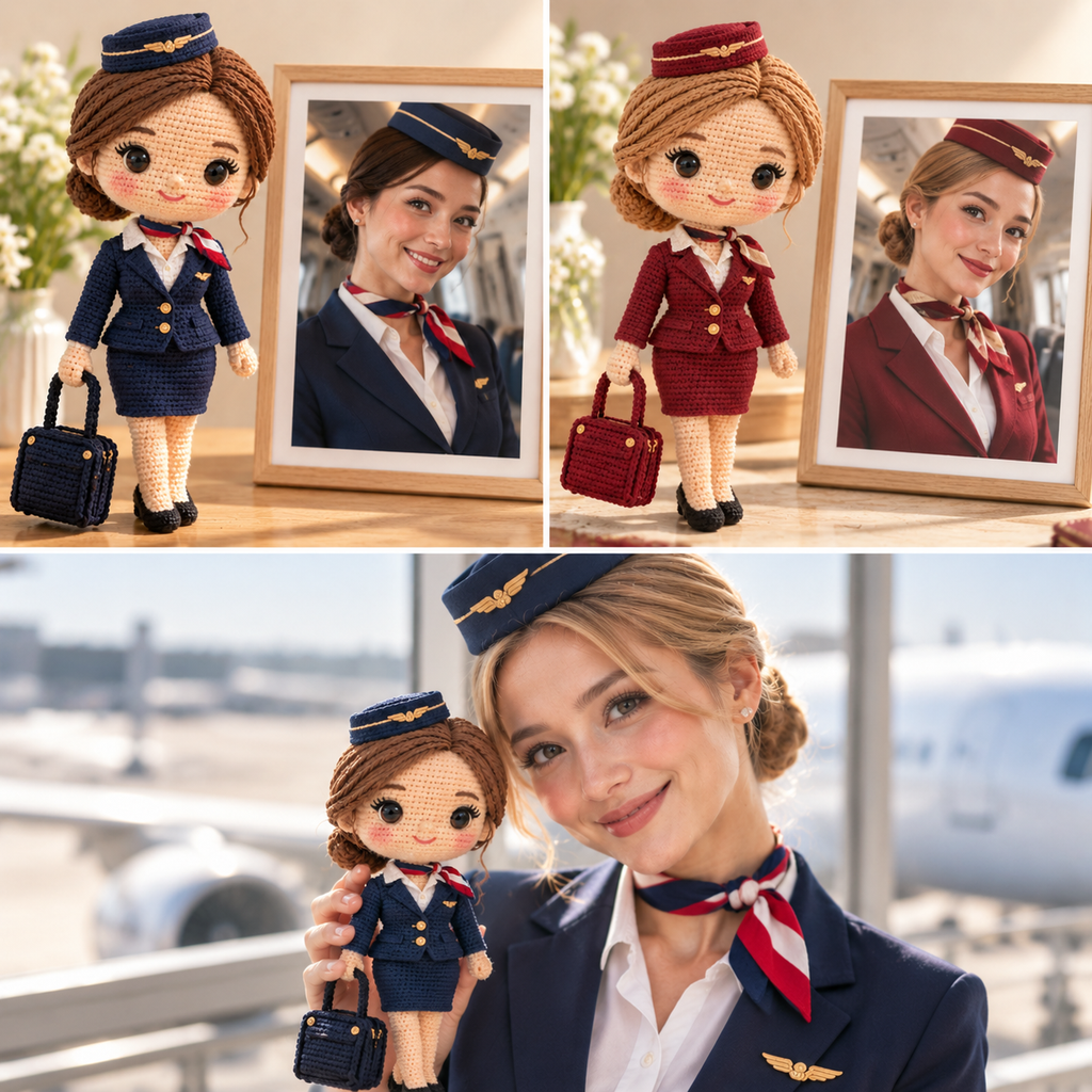 Personalized Flight Attendant Crochet Doll From Photo | Custom Handmade Gift