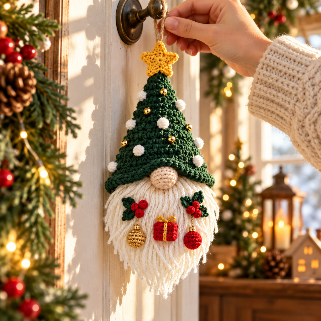 Crochet Christmas Gnome Hanging Decoration | Handmade Holiday Door Decor