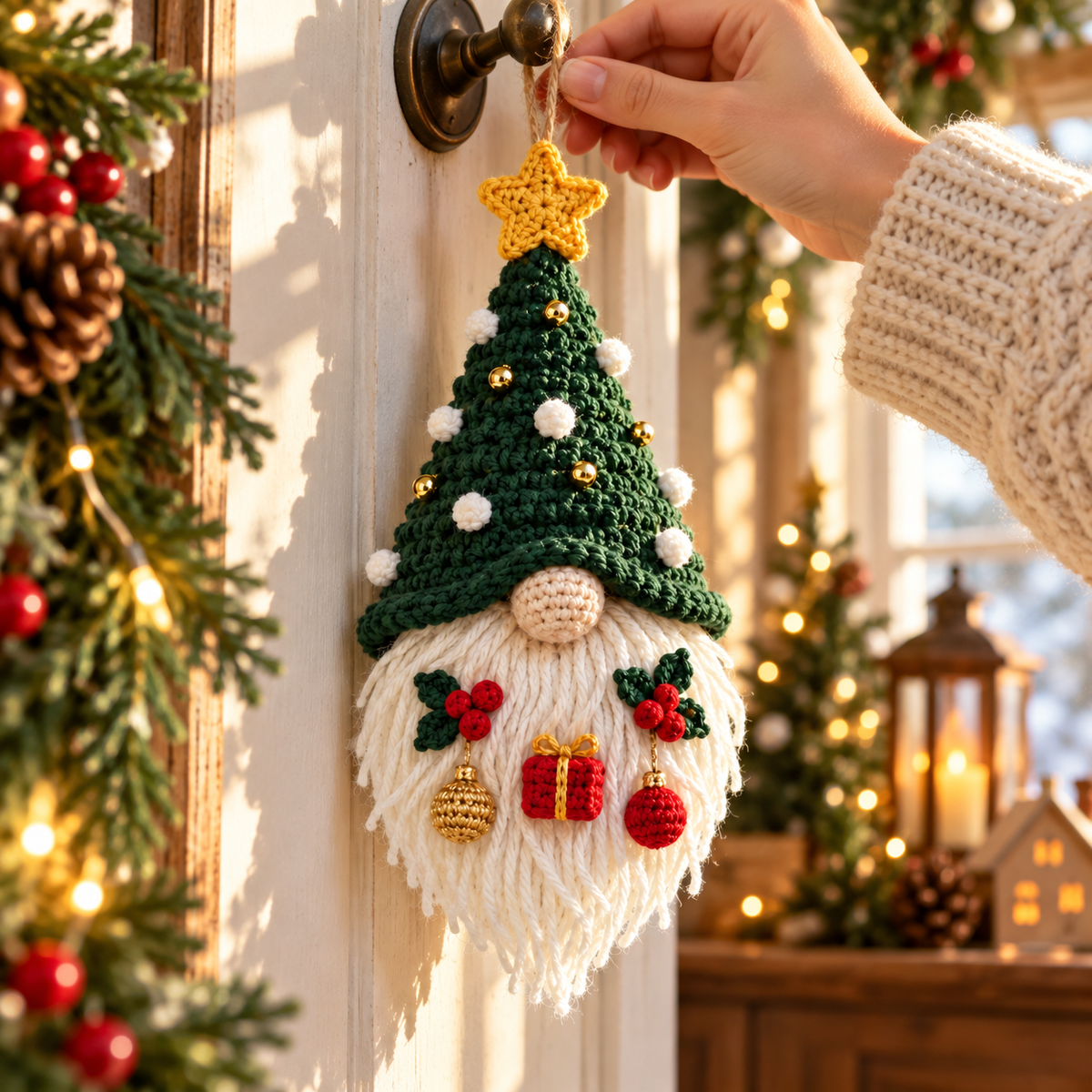 Crochet Christmas Gnome Hanging Decoration | Handmade Holiday Door Decor