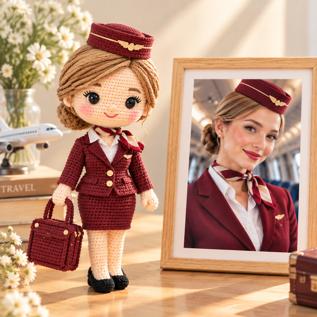 Personalized Flight Attendant Crochet Doll From Photo | Custom Handmade Gift