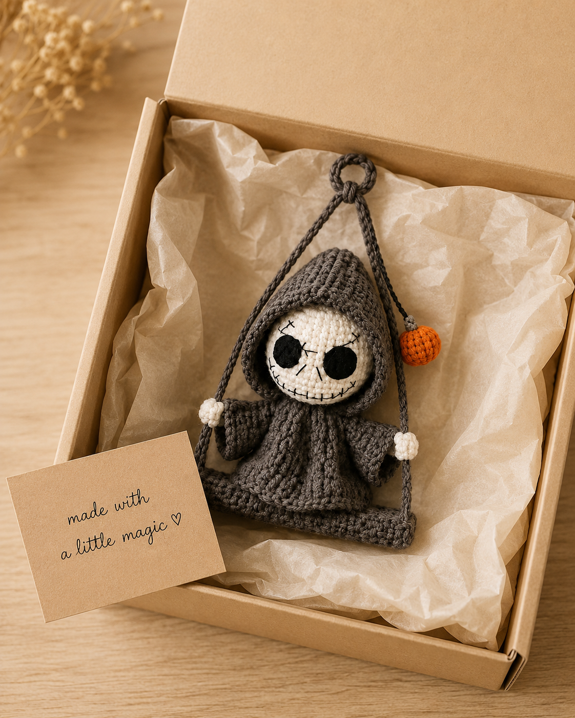 Handmade Halloween Death Car Charm Decor, Crochet Spooky Hanger Gift for Kids