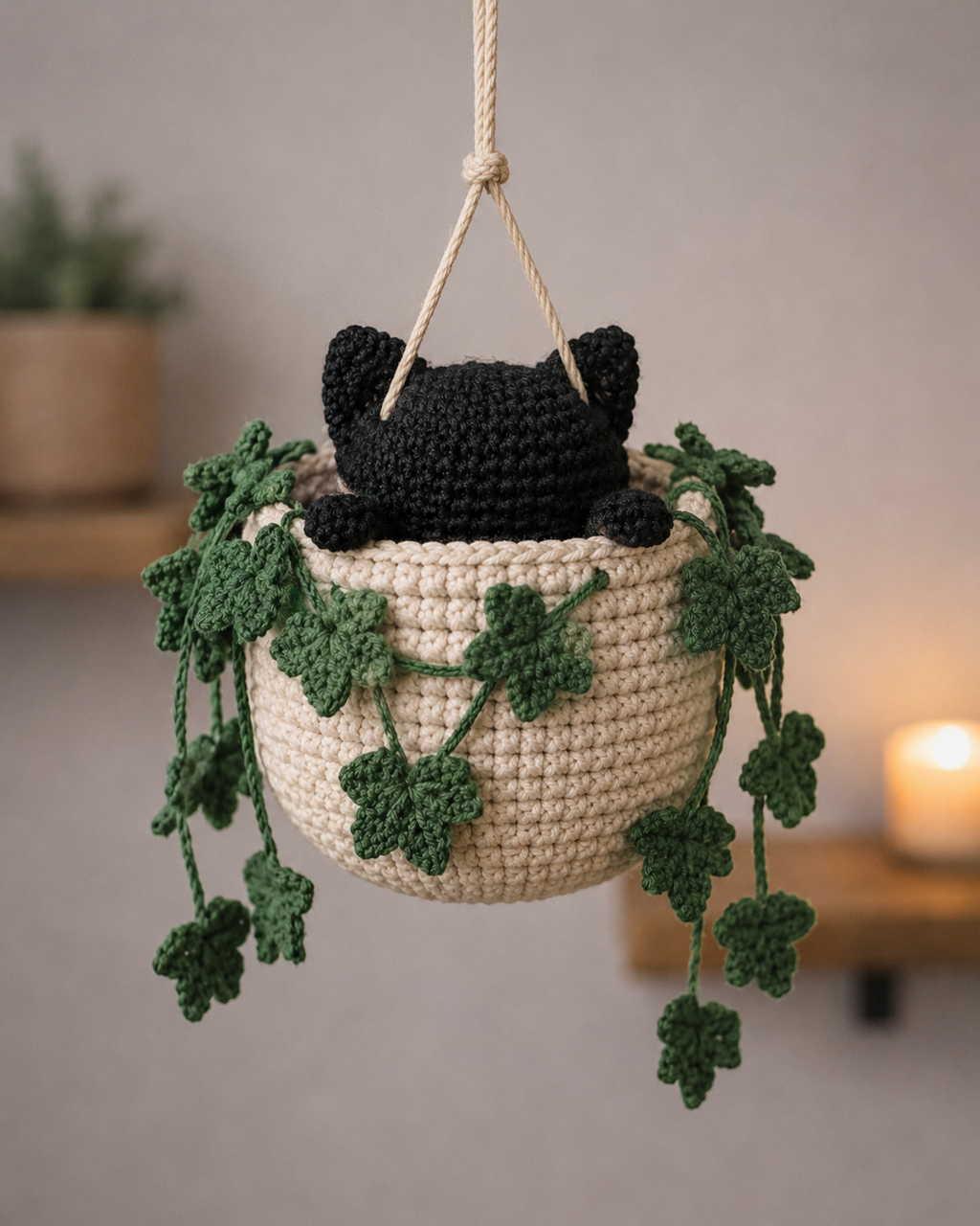 Handmade Crochet Cat Hanging Pot, Cute Halloween Gift & Car Hanging Decoration