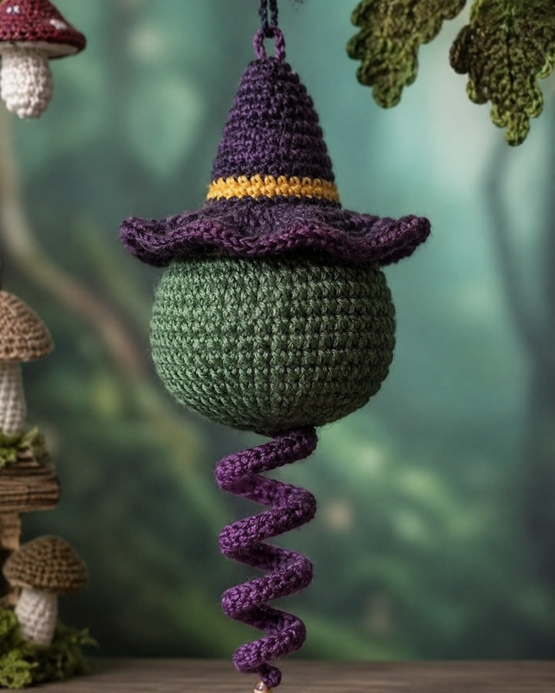 Handmade Crochet Halloween Spinning Charm, Witch Hat Pumpkin Car Hanging Decor and Gift